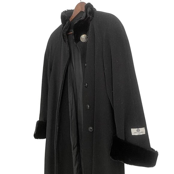 John Weitz Vintage Wool Long Trench Coat | Black | Fur Collar | Fur Cuffs | 12P - Picture 6 of 6